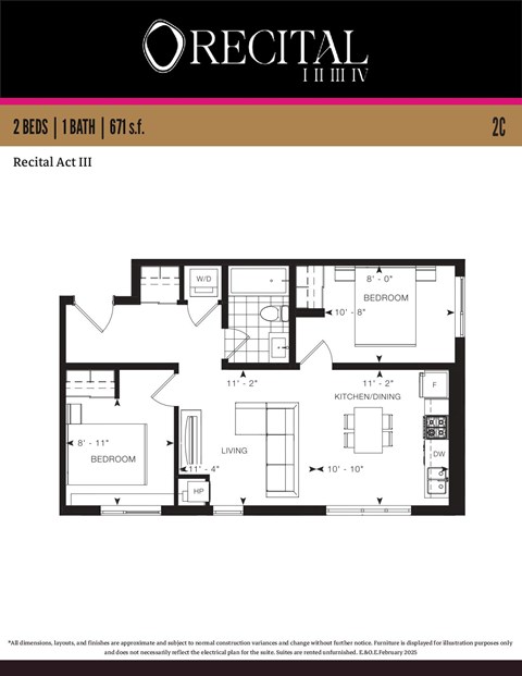 Floor plan for 2 beds, 1 bath, 671 sqft